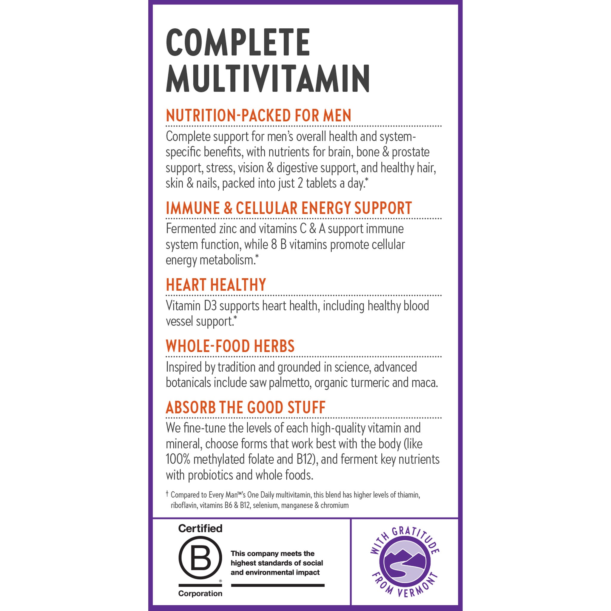 Complete Multivitamin, Nutrition-Packed for Men, Immune & Cellular Energy Support, Heart Healthy, Whole-Food Herbs, Absorb the Good Stuff