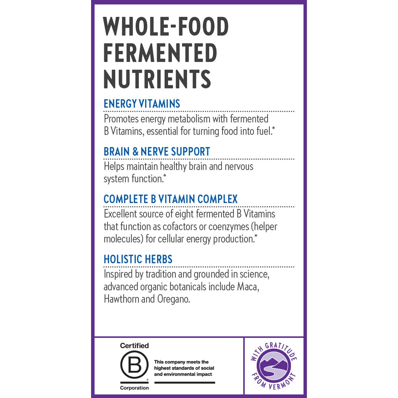 Whole-Food Fermented Nutrients, Energy Vitamins, Brain & Nerve Support, Complete B Vitamin Complex, Holistic Herbs