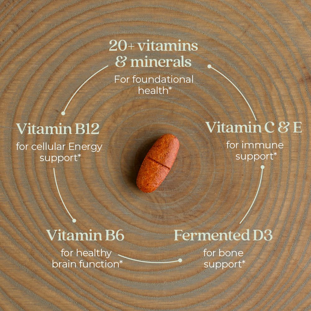 20+ vitamins & Minerals, Vitamin B12 & B6, Vitamin C& E, Fermented D3 