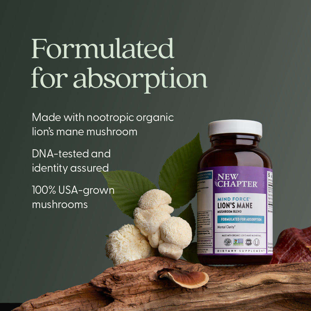Made with nootropic organic lion's mane mushroom, DNA-tested and identity assured, 100% USE-grown mushrooms 