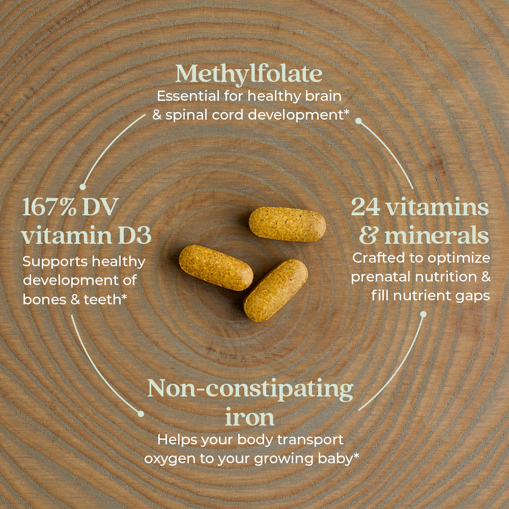 Methylfolate, 167% DV vitamin 3, 24 vitamins & Minerals, non-constipating iron