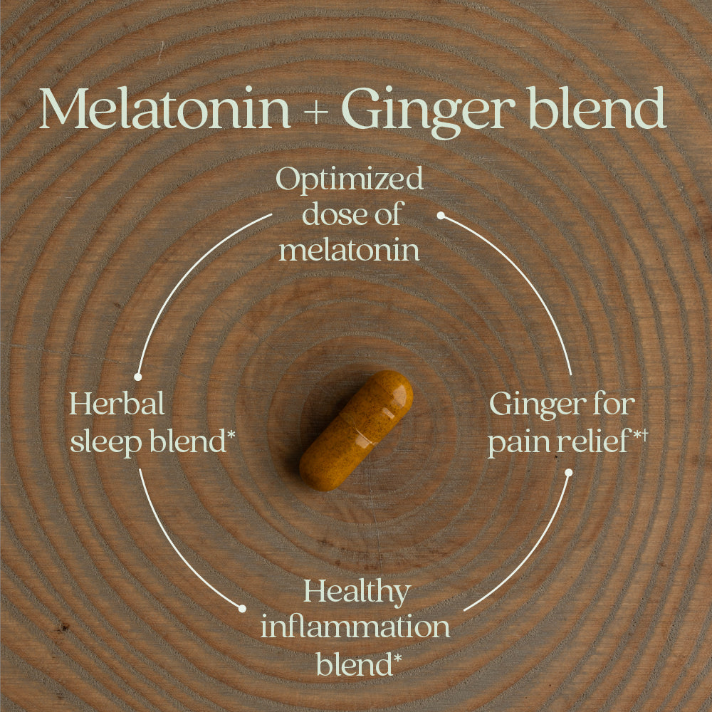 Melatonin + Ginger blend. Optimized dose of melatonin. Ginger for pain relief* Healthy inflammation blend* Herbal sleep blend* 
